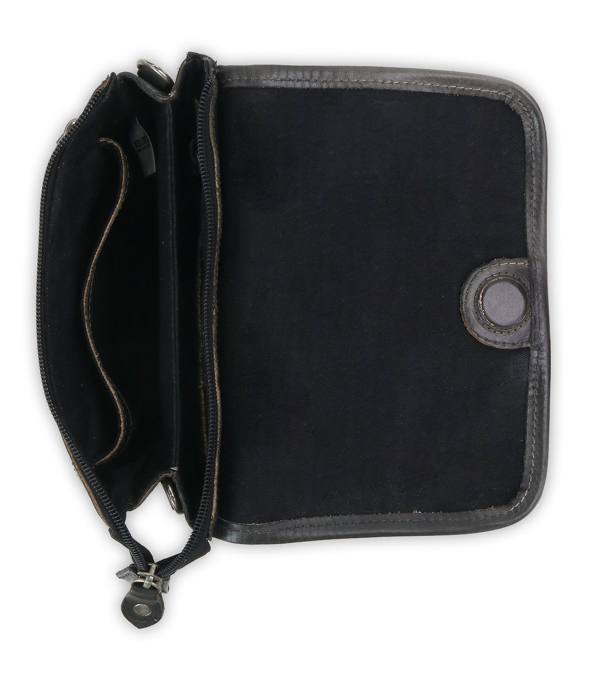 The Ziggy JB by Bed|Stü is a black leather wallet, shown open on a white background to reveal its zippered coin pocket, multiple compartments, and snap button closure—ideal for slipping into your favorite crossbody bag or carrying as a sleek clutch.