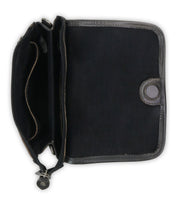 The Ziggy JB by Bed|Stü is a black leather wallet, shown open on a white background to reveal its zippered coin pocket, multiple compartments, and snap button closure—ideal for slipping into your favorite crossbody bag or carrying as a sleek clutch.