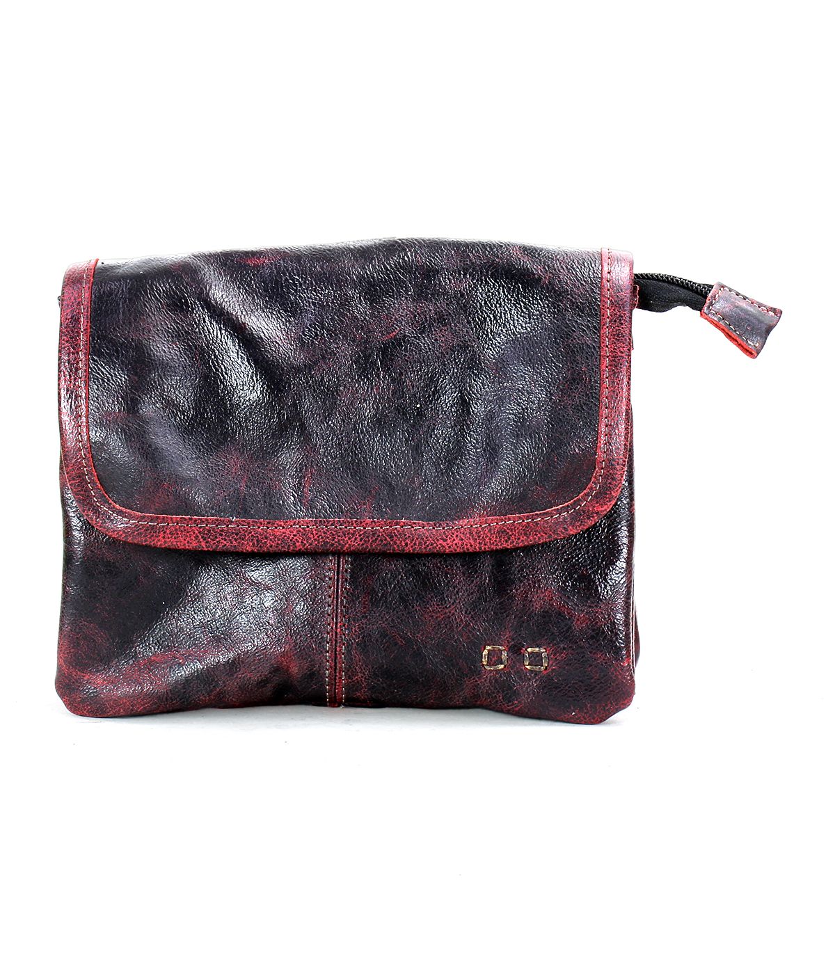 The Ziggy by Bed|Stü is a dark brown clutch crafted from supple leather, featuring a flap closure and distinctive red-tinted edges. Displayed against a white background, this versatile accessory can also be styled as a crossbody bag for hands-free convenience.