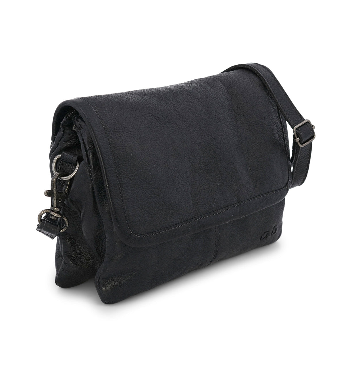 The Bed|Stü Ziggy is a black supple leather messenger bag featuring a flap closure, adjustable shoulder strap, and metal clasps, photographed on a white background.